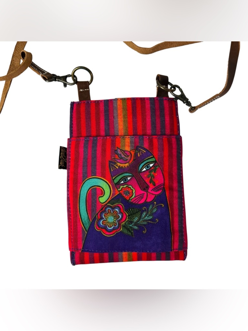 Laurel Burch Cat Crossbody Phone Bag Red Purple Striped 7.5 x 5.5 - Picture 3 of 4